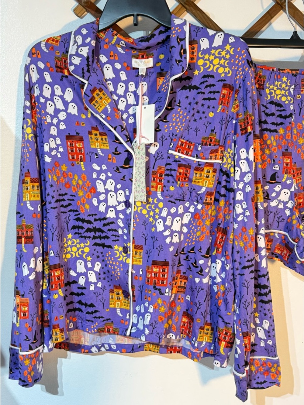 Beauty Sleep Social Halloween Cozy Long Sleeve Notch Pajama Top & Boxers Set NWT - Picture 3 of 5